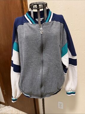 Vintage Pierre Cardin Gray, Navy & Teal Zip-Up Sweater Jacket